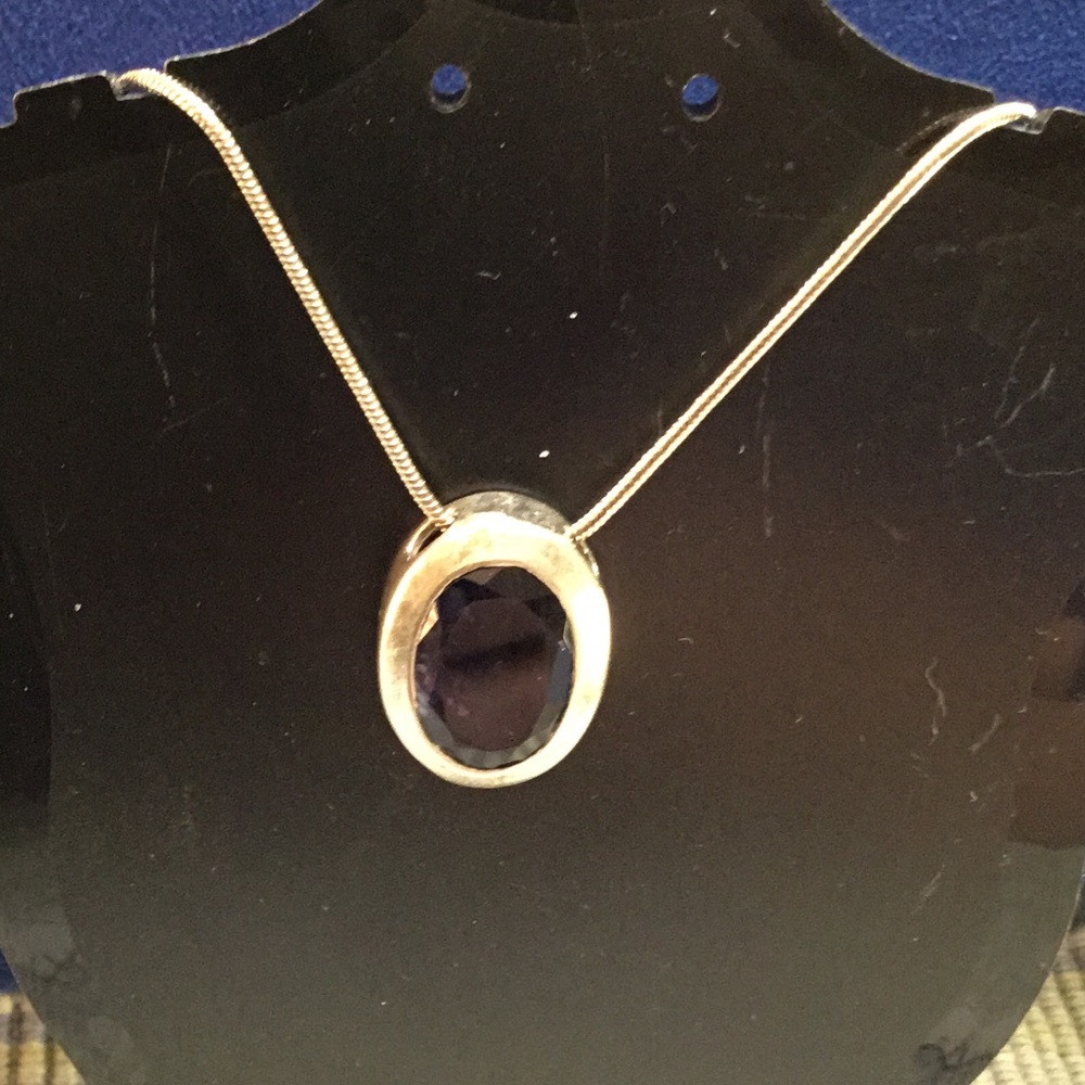 Hand Crafted Silver Necklace with Dark Blue Oval Pendant